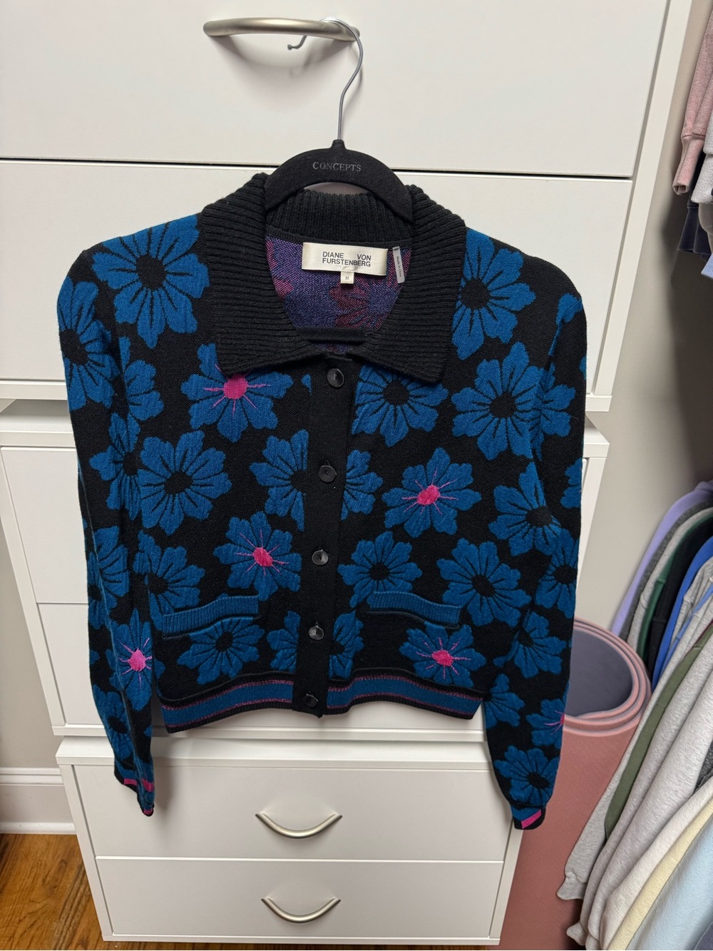 Diane Von Furstenberg Black Cardigan with Blue Floral and Pink Centers